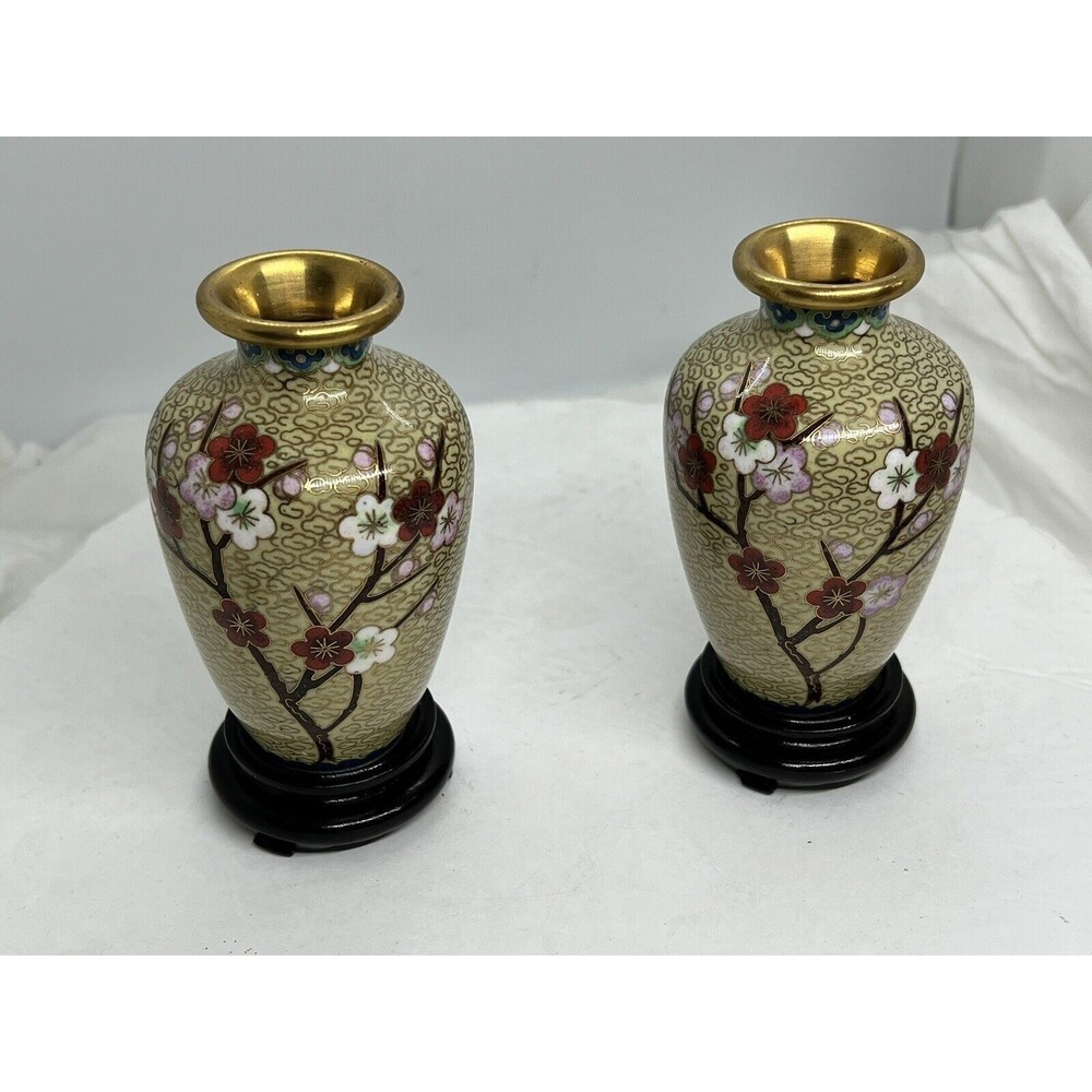 Pair Of Jingfa China Cherry Blossom Enameled Vases With Bases Labeled Beige 4 In